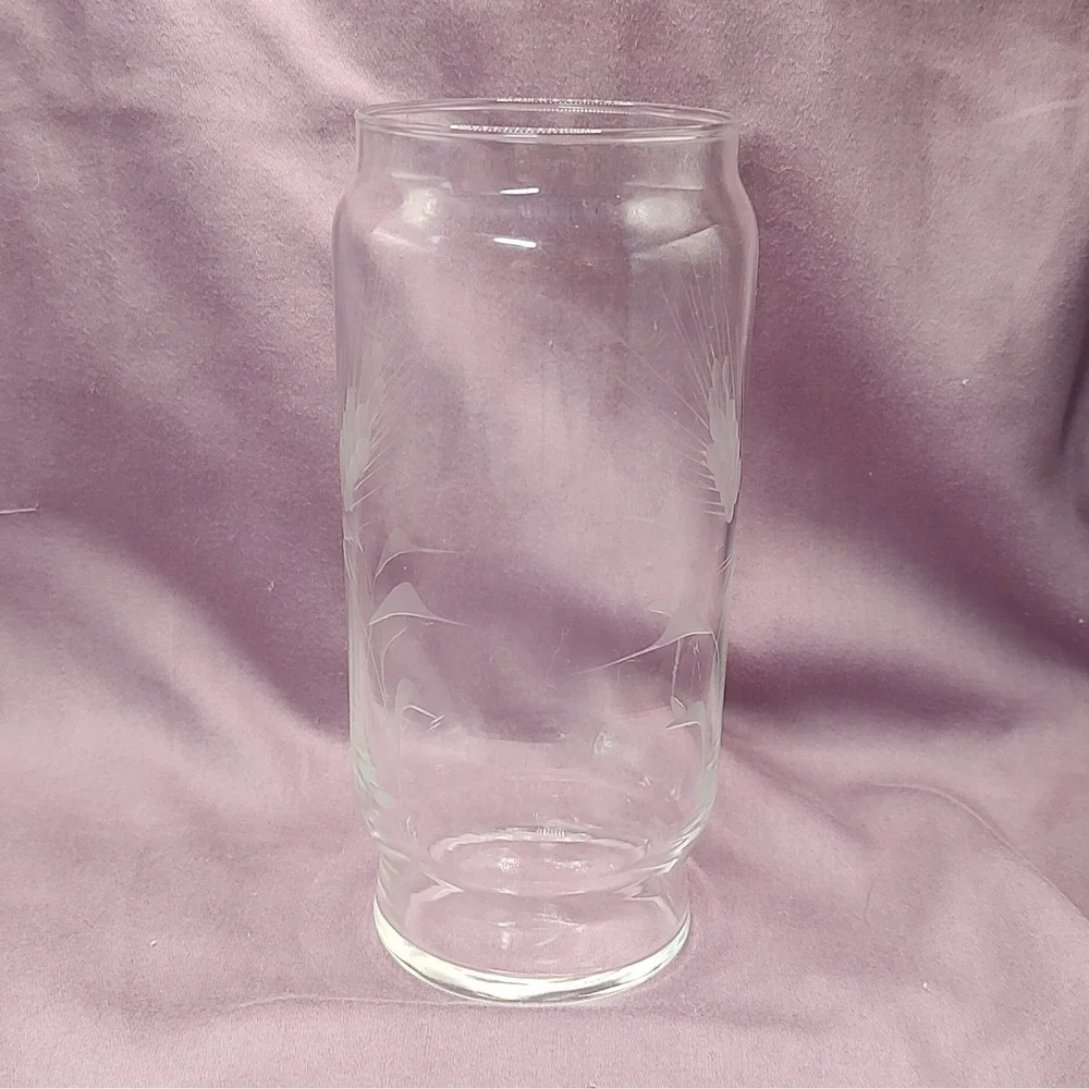 Vintage Clear Glass Vase Etched‎ Wheat Both Sides Cylinder Seven Inches 1970s